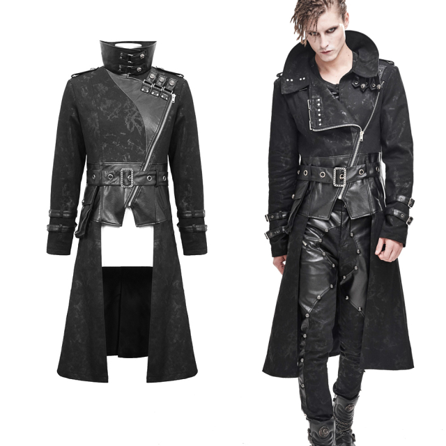 Devil Fashion Mantel (CT143) im Assassinen-Look mit hohem Stehkragen und Besätzen aus Kunstleder sowie asymmetrischen Reißverschluss und Gürtel mit Tasche.