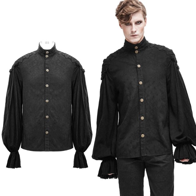 Devil Fashion Steampunk-Herrenhemd mit Stehkragen (SHT04801), weiten Dichterärmeln, bronzefarbenen Knöpfen und auffälligen Zick-Zack-Borten auf den Schultern.