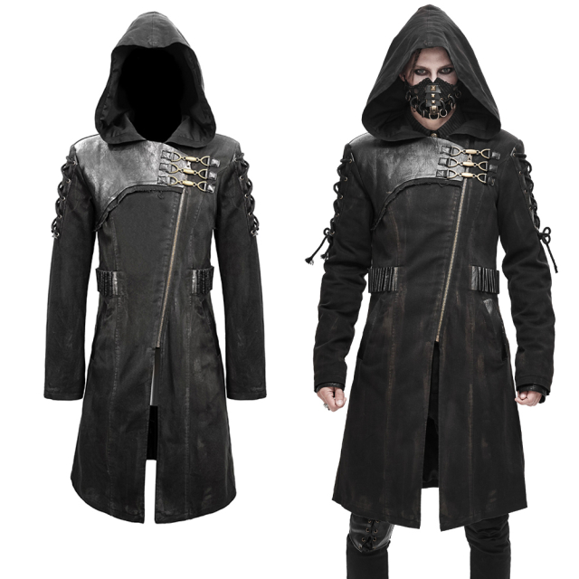 Black-brown Devil Fashion short coat (CT149) with large hood, imitation bullet belt, leather trimmings and old gold-colored buckles