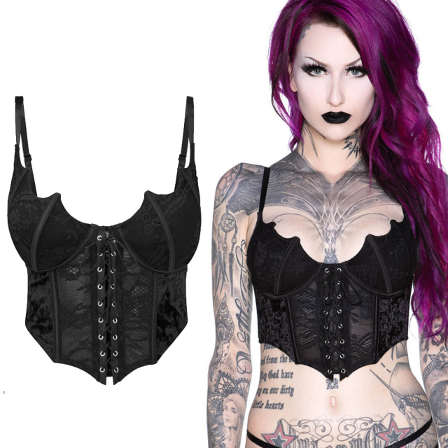 KILLSTAR Fang Lace Bustier - Gothic Bustier made of elastic velvet and lace in an exciting occult bat cut