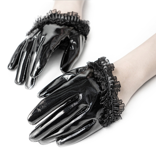 Ultra short black PUNK RAVE vinyl gloves (WS-384BK-BRI) with ruffled trim and sequins on the back of the hand for a sinfully sweet styling