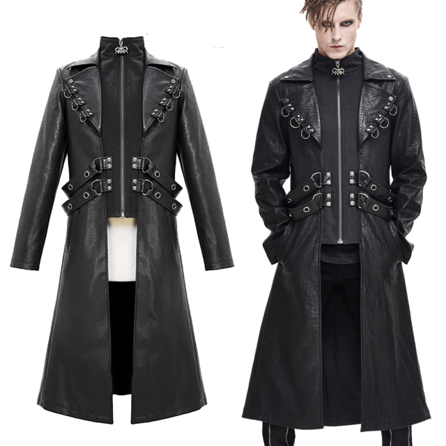 Devil Fashion faux leather coat (CT147) with studs and D-rings on the lapel, loose fitting straps with eyelets at the waist and many other masculine details