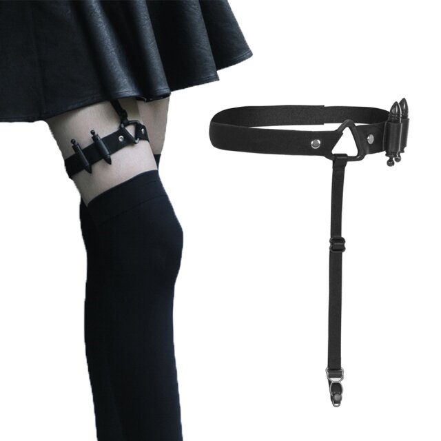 PUNK RAVE Elastisches Gothic-Beinband / Strumpfband (OPS-173) mit zwei schwarzen Patronen-Imitaten und Strumpfhalter