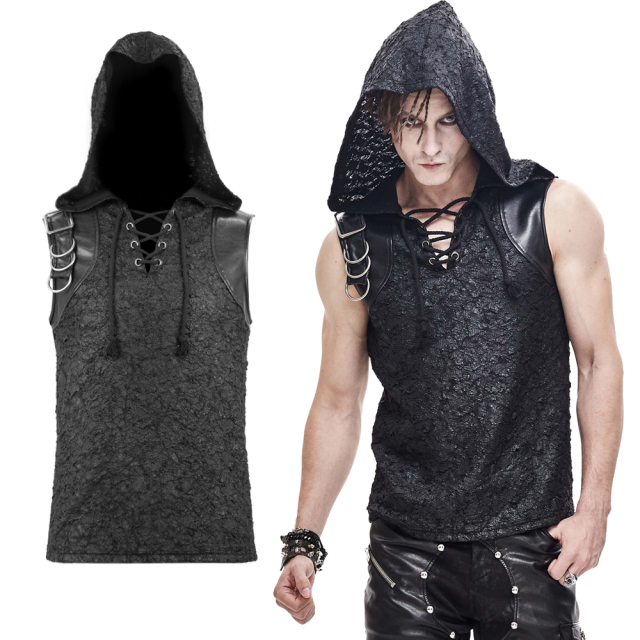 Devil Fashion Tanktop (TT137) in destroyed look with big hood, leatherette trimmings and D-rings