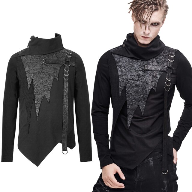 Long-sleeved shirt (TT14)  made of jersey with a jagged hem, fringed applications, wide, buttoned turtleneck and imitation leather straps with D-rings