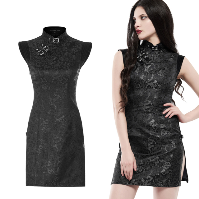 PUNK RAVE Mini dress (WQ-482BK) with Asian charm made of embroidered satin with stand-up collar and straps with buckles and a shiny back with lacing.