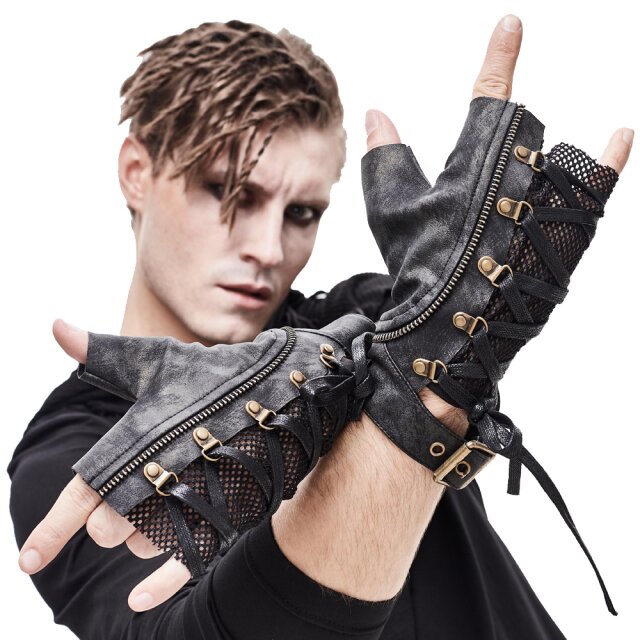 Post-apocalyptic looking Devil Fashion half gloves (GE012) made of grey imitation leather in used look with lacing and buckle