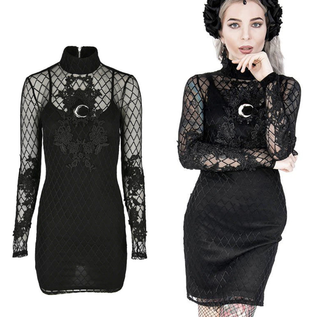 Semi-transparent narrow Restyle mini dress (incl. opaque underdress) made of mesh with diamond pattern and large lace ornaments