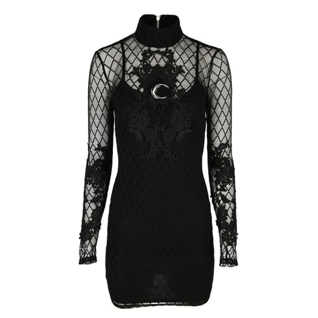 Narrow mesh dress Midnight Moon with large lace ornaments