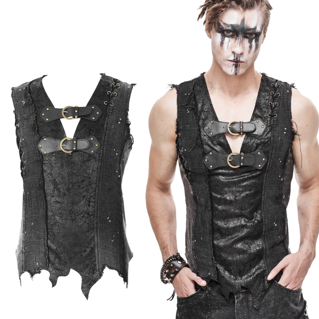 Post-apocalyptic Devil Fashion Tank Top (TT127) made of stained jersey with fringed hem and used-look velour insert in leather-look and straps with buckles