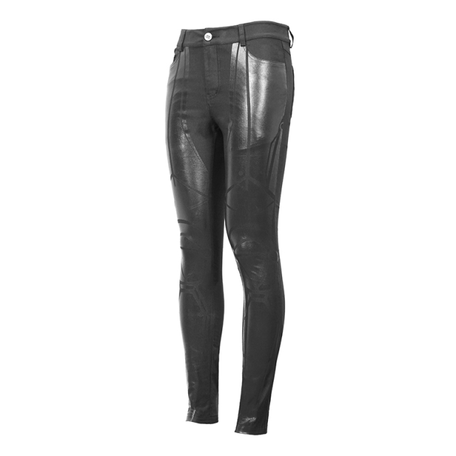 Skinny Cyber-Goth-Jeans Platinum mit Lack-Print M