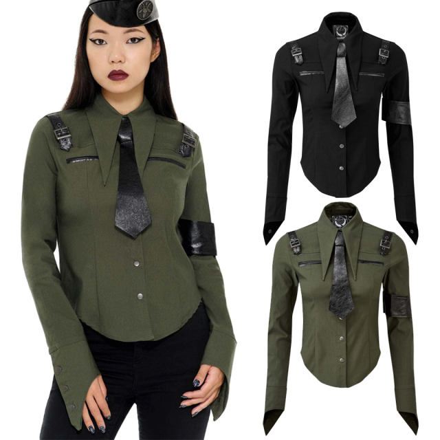 KILLSTAR Secret Mission Shirt in khaki oder schwarz - Schmal geschnittene Super-Stretch-Bluse im Uniform-Look mit aufregenden Details, wie Krawatte und Riemen mit Schnallen sowie spitzen knöpfbaren Manschetten.