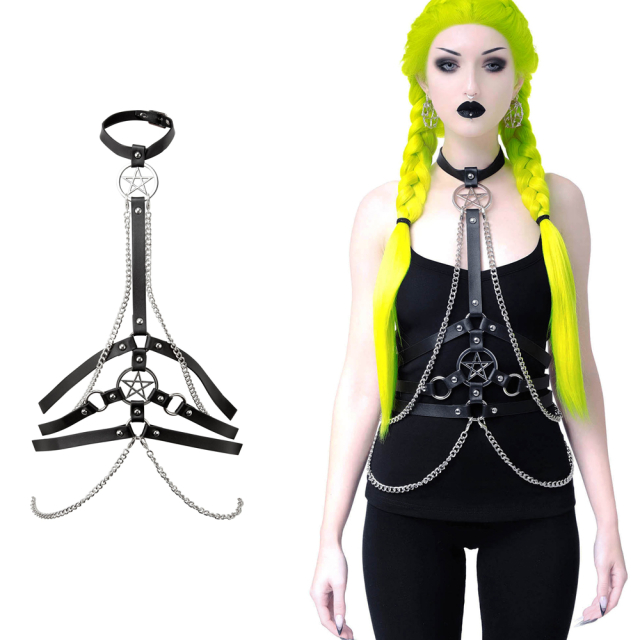 KILLSTAR Hellz Bells Harness - Black imitation leather harness with collar and straps around the waist, detachable chains, studs and silver pentagram