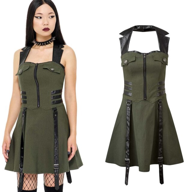 KILLSTAR Psy-Ops Neckholder Kleid - Khaki-farbenes Neckholder Kleid im Uniform-Look mit leicht ausgestelltem Minirock und korsagen-ähnlichen Top sowie Kunstleder-Details.