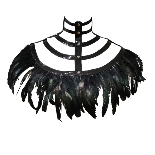 Kragen-Top im Käfig-Stil aus glänzenden Lackriemen mit opulent mit Federn besetztem Abschluss rund um die Brust, die Schultern und den oberen Rücken.