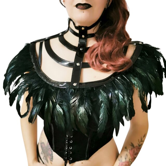 Vinyl cage collar Cyber Raven with feathers