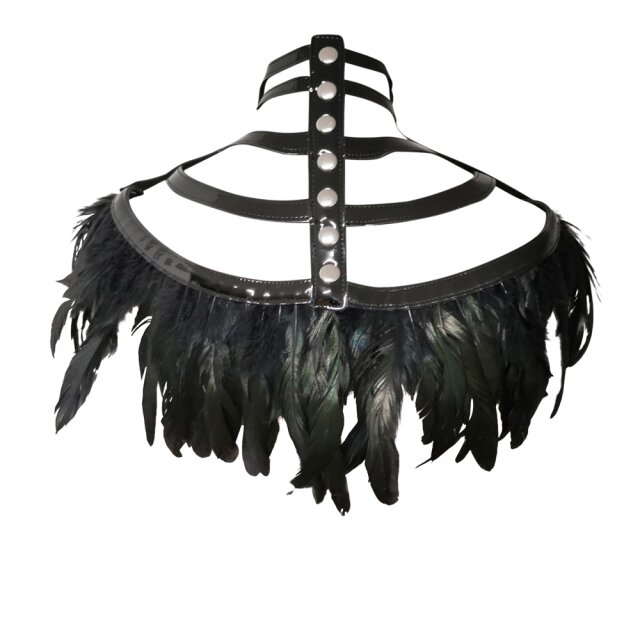 Lack-Käfigkragen Cyber Raven mit Federn L-XL