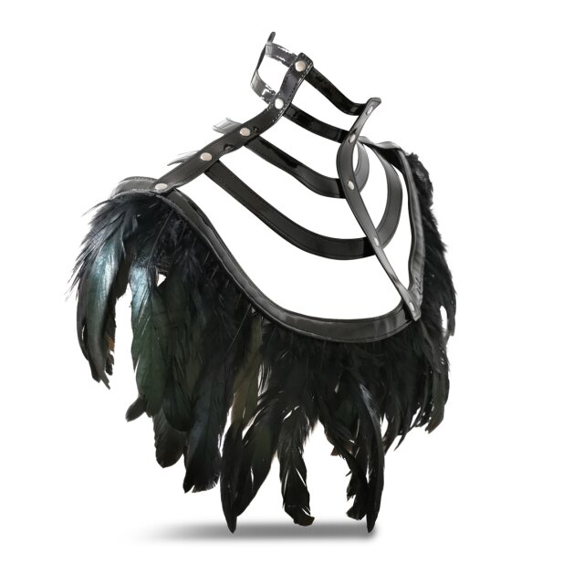 Lack-Käfigkragen Cyber Raven mit Federn L-XL