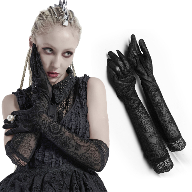 Long black PUNK RAVE gothic gloves (WS-392BK) made of fine mesh with baroque flock pattern and wide elastic lace cuff