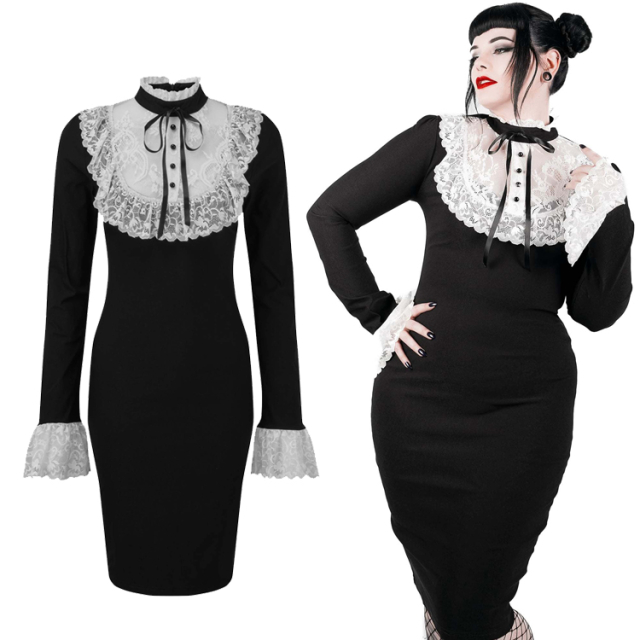 KILLSTAR Rosemar Midi Dress - Black super stretch pencil dress with white lace inset on the neckline and arm cuffs with stand up collar and satin tie