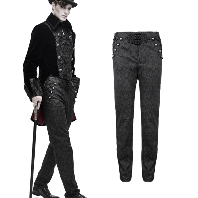 Elastic devil fashion mens trousers (PT116) with baroque brocade print, side trimmings, silver-coloured decorative buttons and trimmed closure