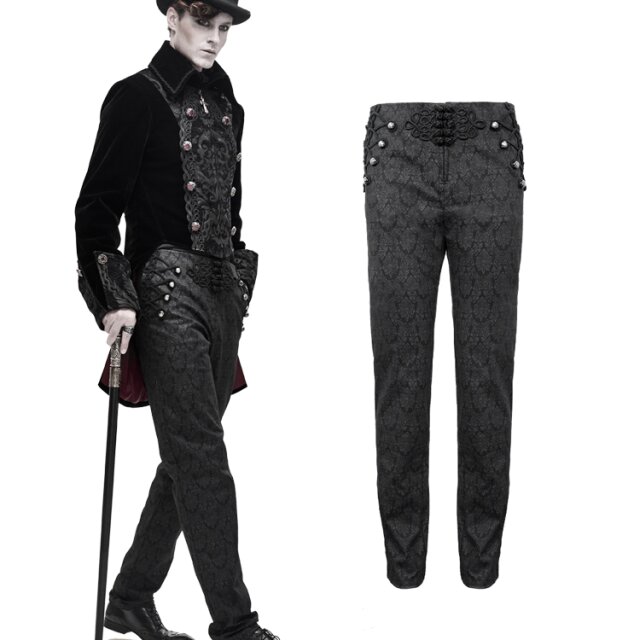 Elastische Devil Fashion Herrenhose (PT116)  mit barockem Brokatdruck, seitlichen Posamenten, silberfarbenen Zierknöpfen und Posamentenverschluss