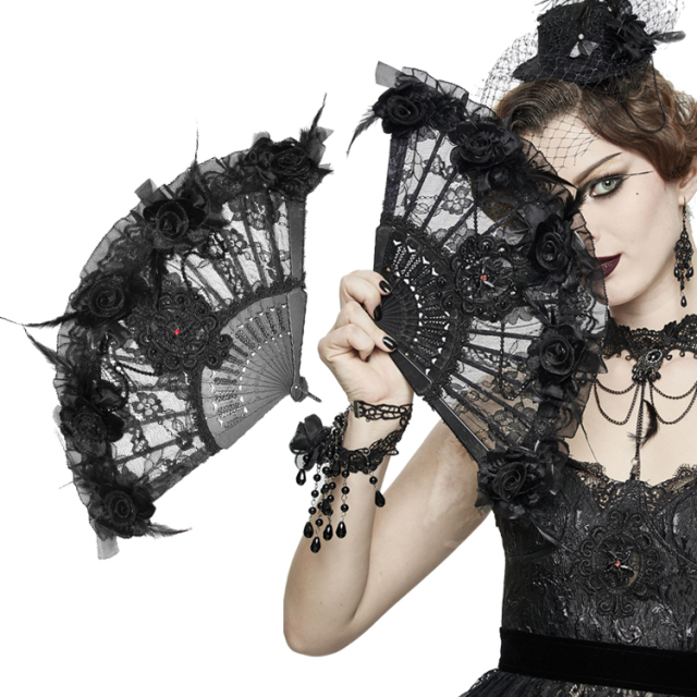 Dunkelromanticher Devil Fashion Spitzenfächer (AS050) mit aufwendiger Verzierung aus Spitze mit großem Ornament, Rüschen, 3D-Blüten, Federn und Perlen