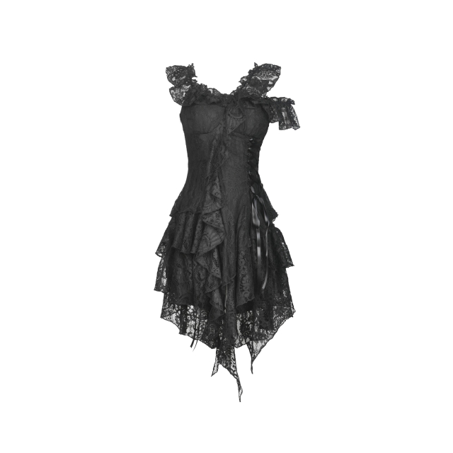 Fringed Dark in Love (DW451 & DW 466) mini dress with wide flounce skirt and narrow corset top made of different lace materials with asymmetrical cut carmen neckline in black or off-white