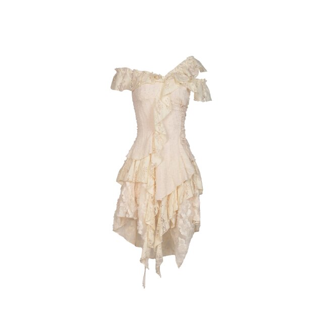 Fringed Dark in Love (DW451 & DW 466) mini dress with wide flounce skirt and narrow corset top made of different lace materials with asymmetrical cut carmen neckline in black or off-white