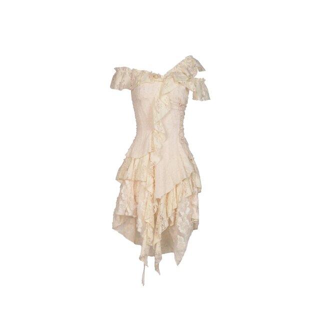 Fringed Dark in Love (DW451 & DW 466) mini dress with wide flounce skirt and narrow corset top made of different lace materials with asymmetrical cut carmen neckline in black or off-white