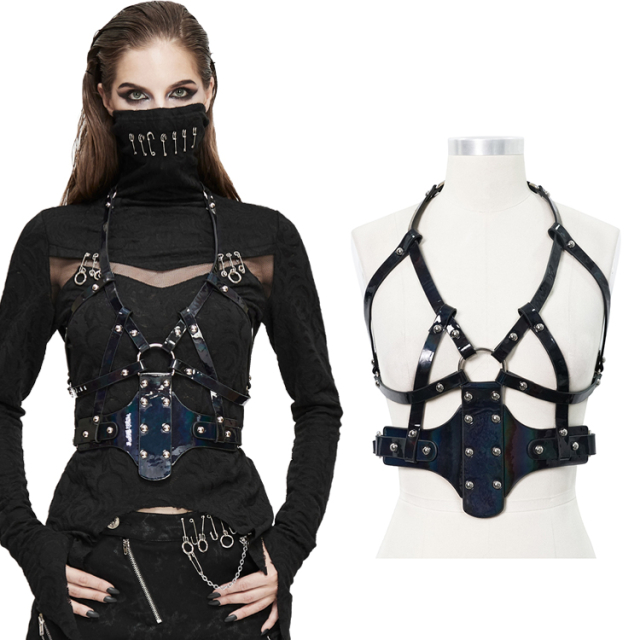 Devil Fashion upper body harness (AS071) made of veggie patent leather with straps around the waist, across the chest and with elastic halterneck.