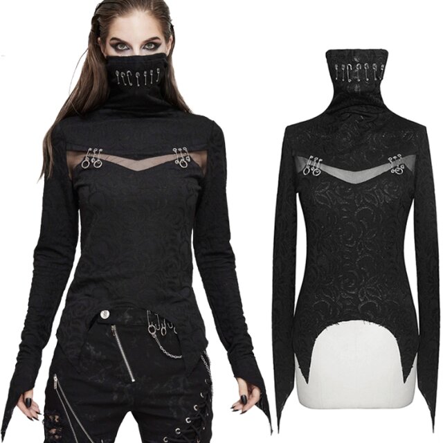 Fransig geschnittenes Devil Fashion (TT152) Langarm-Shirt mit sehr hohem Rollkragen, als Maske zu tragen mit punkigen Detais wie großen Sicherheitsnadeln, Nieten, O-Ringen und einem Cut-Out