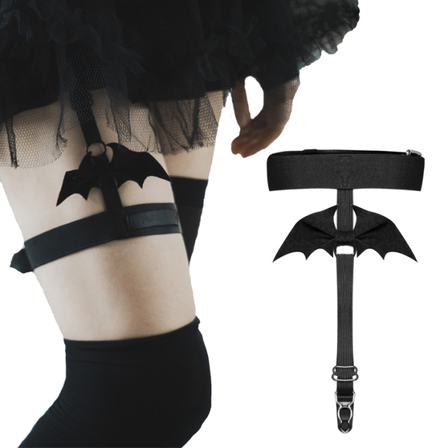 PUNK RAVE leg strap (OPS-148BK) with eyelets and buckles with garter belt with cute little bat wings