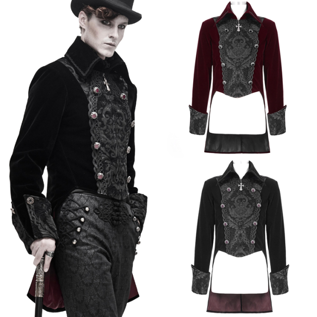 Viktorianischer Devil Fashion Gothic-Frack aus schwarzem (CT14101) oder rotem (CT14102) Samt mit großem Brokateinsatz vorne und Umschlagmanschetten 