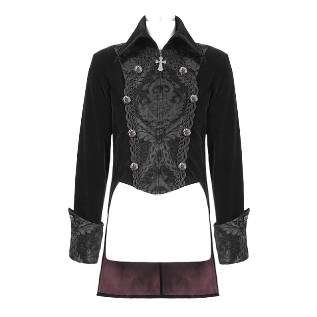 Elegant, victorian Devil Fashion gothic tailcoat made of black (CT14101) or red (CT14102) velvet with large brocade insert at the front and turn-back cuffs