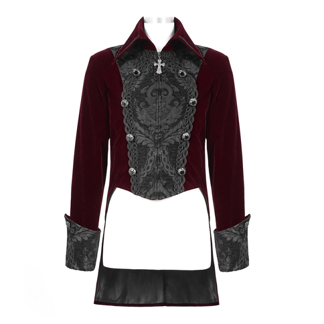 Viktorianischer Devil Fashion Gothic-Frack aus schwarzem (CT14101) oder rotem (CT14102) Samt mit großem Brokateinsatz vorne und Umschlagmanschetten