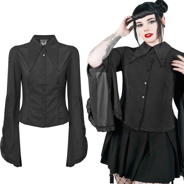 KILLSTAR Low-Lita Gothic-Bluse - Tailliert geschnittene Chiffon-Bluse mit traumhaft weit schwingenden Ärmeln und übertieben spitzen Kragen mit Kreuz-Stickerei