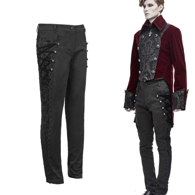 Tiefschwarze Devil Fashion Gothic-Stretchjeans (PT111) mit seitlichen Brokateinsätzen, Zierschnürungen, Borten und dekorativen Knöpfen