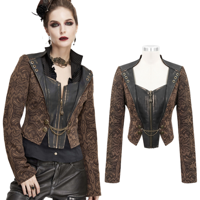 Devil Fashion short jacquard jacket (CT158) with faux leather inserts and pretty swallowtail, adorned with antique gold-coloured buttons and deco chains.