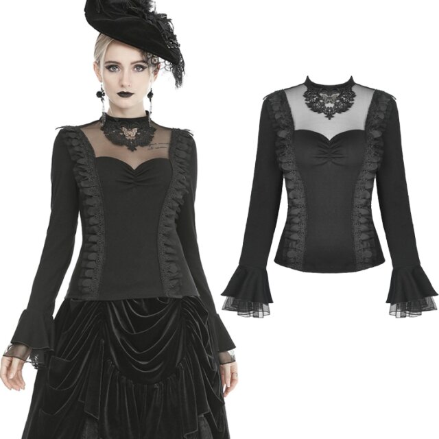 Dunkelromantisches Dark in Love Langarmshirt (TW300) aus elastischem-Jersey mit halbtransparentem Dekolleté, Spitzenormalent, Trompetenärmel und Schmetteling-Anhänger