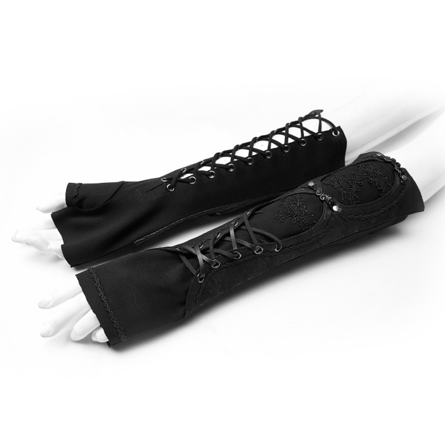 Long PUNK RAVE arm warmers (WS-324BK & BK-CO) in black or black-brown in layered look with trim made of faux leather in used look with lace trim and lacing.