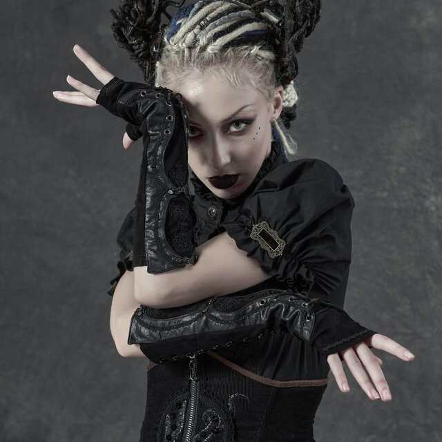 PUNK RAVE Gothic-Armstulpen mit Kunstlederbesatz und Spitze in zwei Farbvarianten schwarz L-XXL