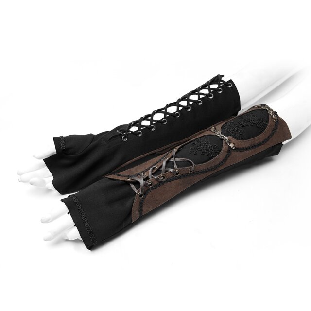 Long PUNK RAVE arm warmers (WS-324BK & BK-CO) in black or black-brown in layered look with trim made of faux leather in used look with lace trim and lacing.