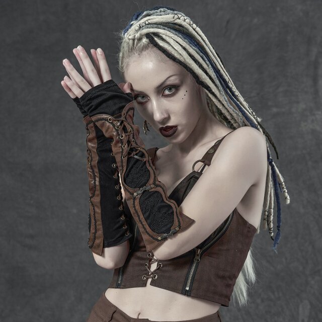 PUNK RAVE Gothic Arm Warmers with Faux Leather Trim and Lace in Two Colour options brown-black