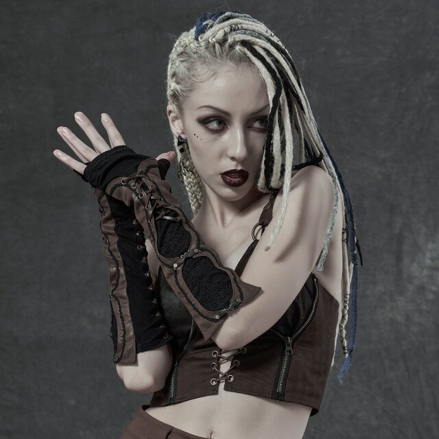 PUNK RAVE Gothic Arm Warmers with Faux Leather Trim and Lace in Two Colour options brown-black