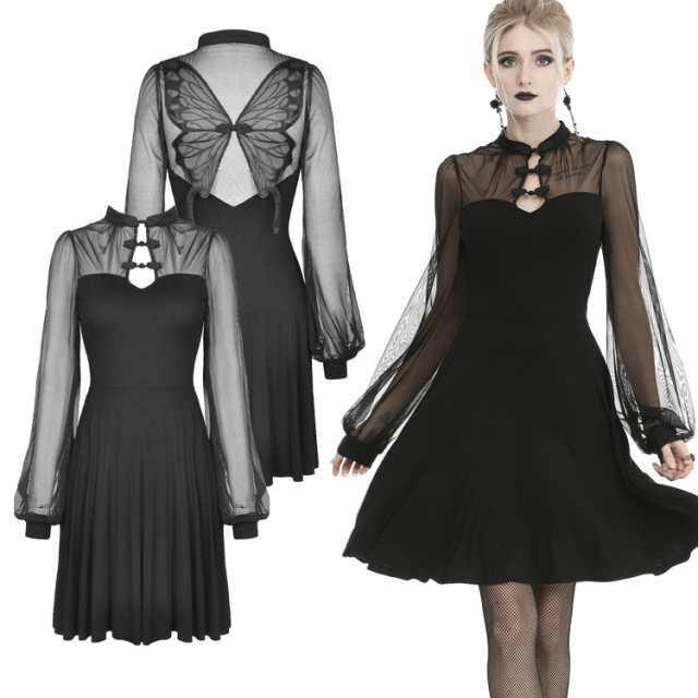 Soft flowing Dark in Love dress (DW455) with slightly flared skirt. Neckline, long sleeves and back in mesh. Back with large lace butterfly appliqué.