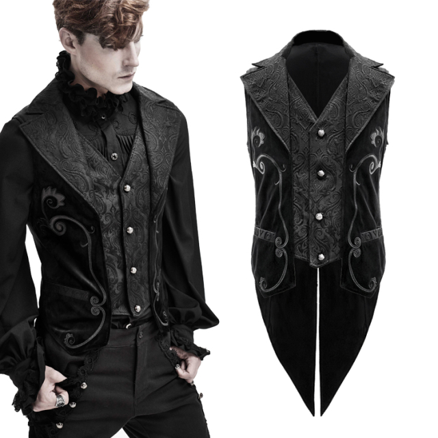 Schwarze Devil Fashion Gothic-Weste (WT049) mit Frackschößen in Zwei-Lagen-Optik mit Brokatdetails und eleganten Rankenapplikationen aus Kunstleder.