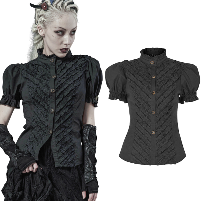 PUNK RAVE short-sleeved ruffled blouse (WY-1276) with puff sleeves, stand-up collar and Victorian bronze-coloured buttons with stone as well as baroque buckle
