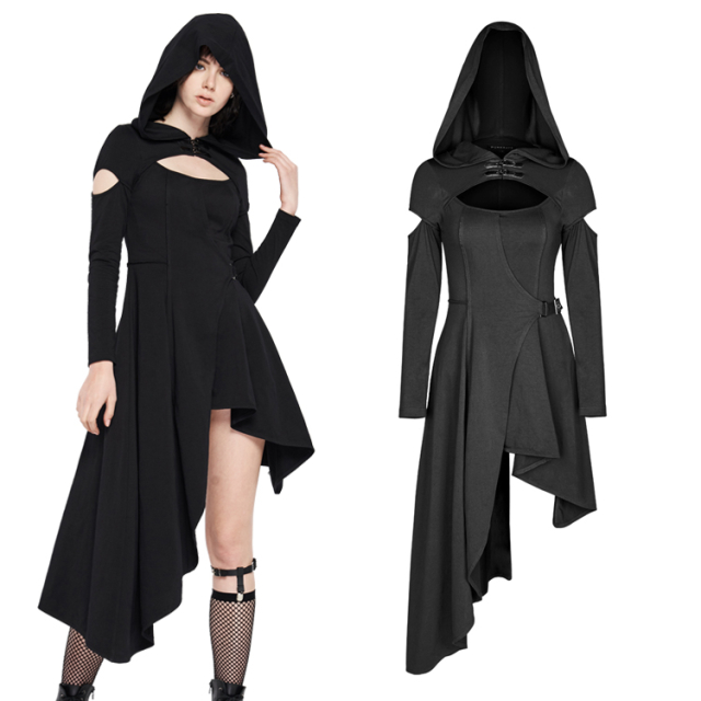 Fringed long-sleeved PUNK RAVE jersey dress (WQ-455BK) with hood, large cut-out on the neckline and upper arms in an excitingly bewitching asymmetrical cut