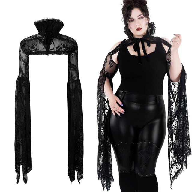 KILLSTAR In Exile Spitzen-Bolero - Spitzenbolero mit hohem Stehkragen, großen Cut-Outs auf den Schultern und übertrieben langen Ärmeln, die bis zum Ellbogen geschlitzt sind.